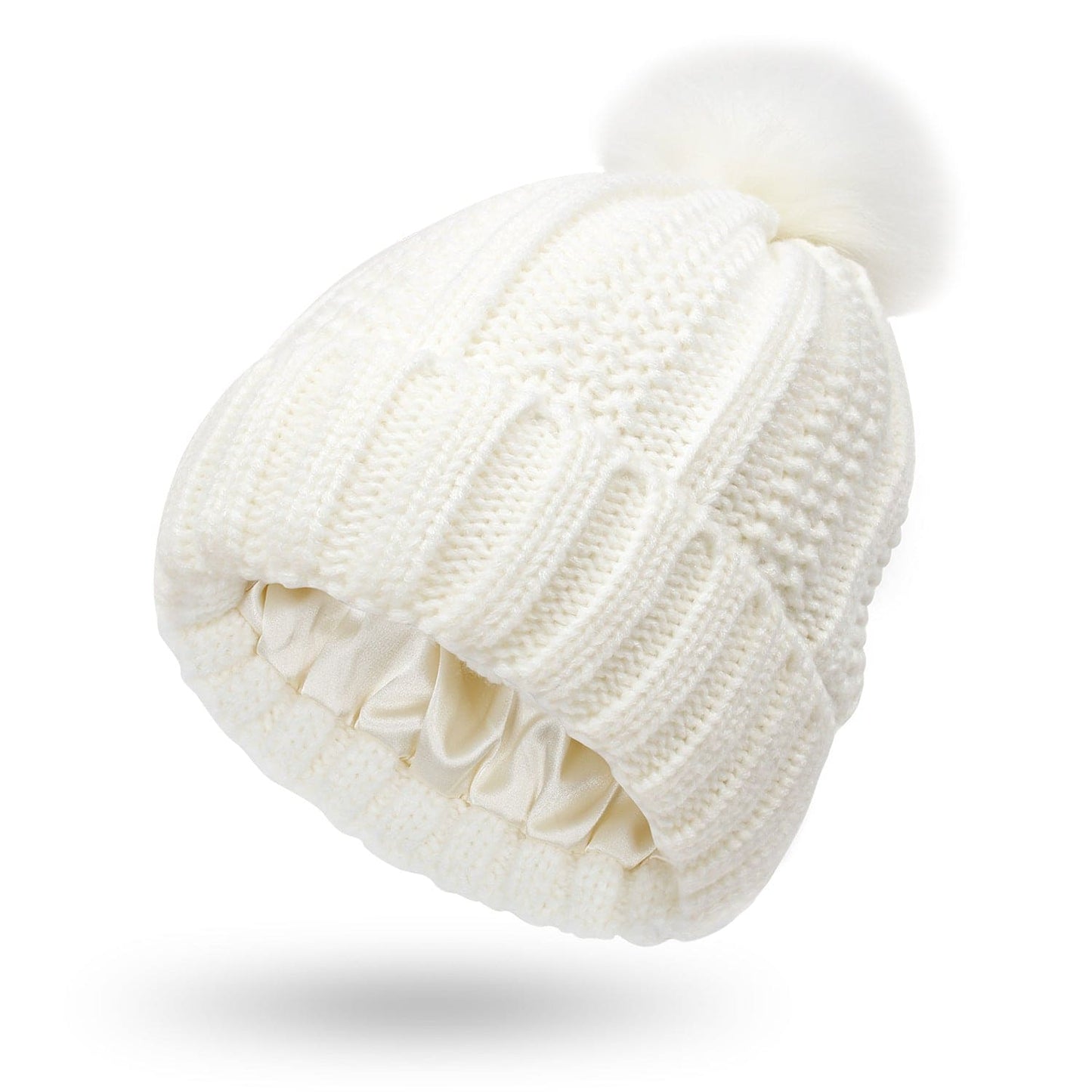 Satin-Lined Knit Beanie with Faux Fur Pom Pom