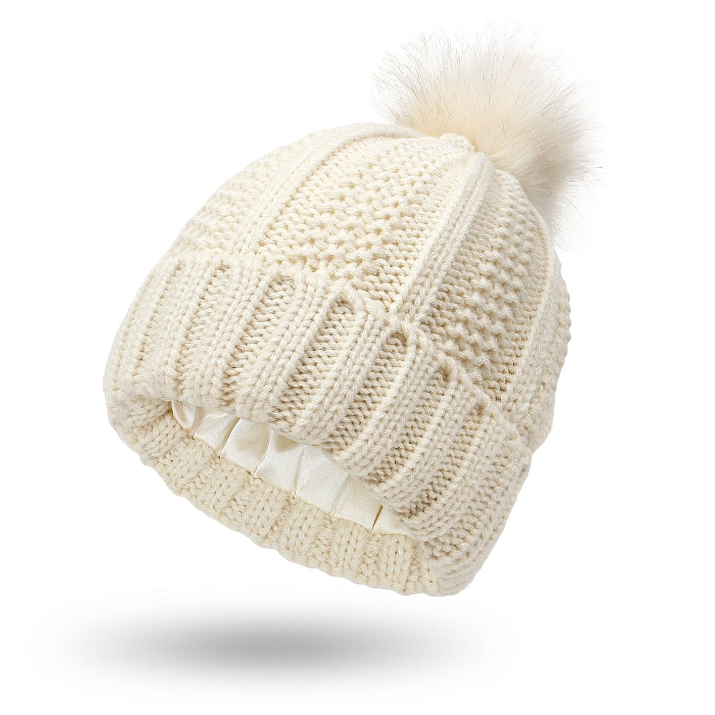 Satin-Lined Knit Beanie with Faux Fur Pom Pom