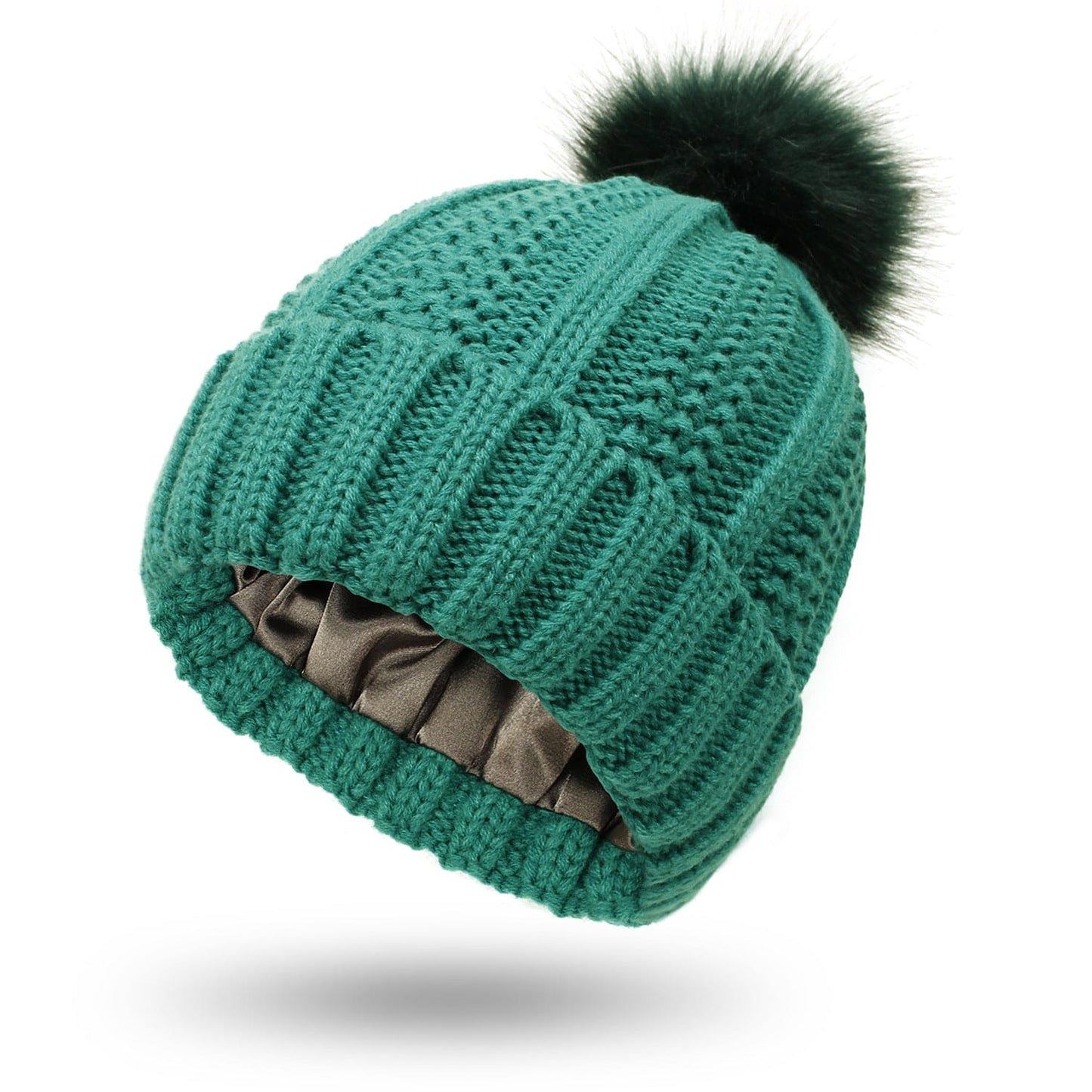 Satin-Lined Knit Beanie with Faux Fur Pom Pom