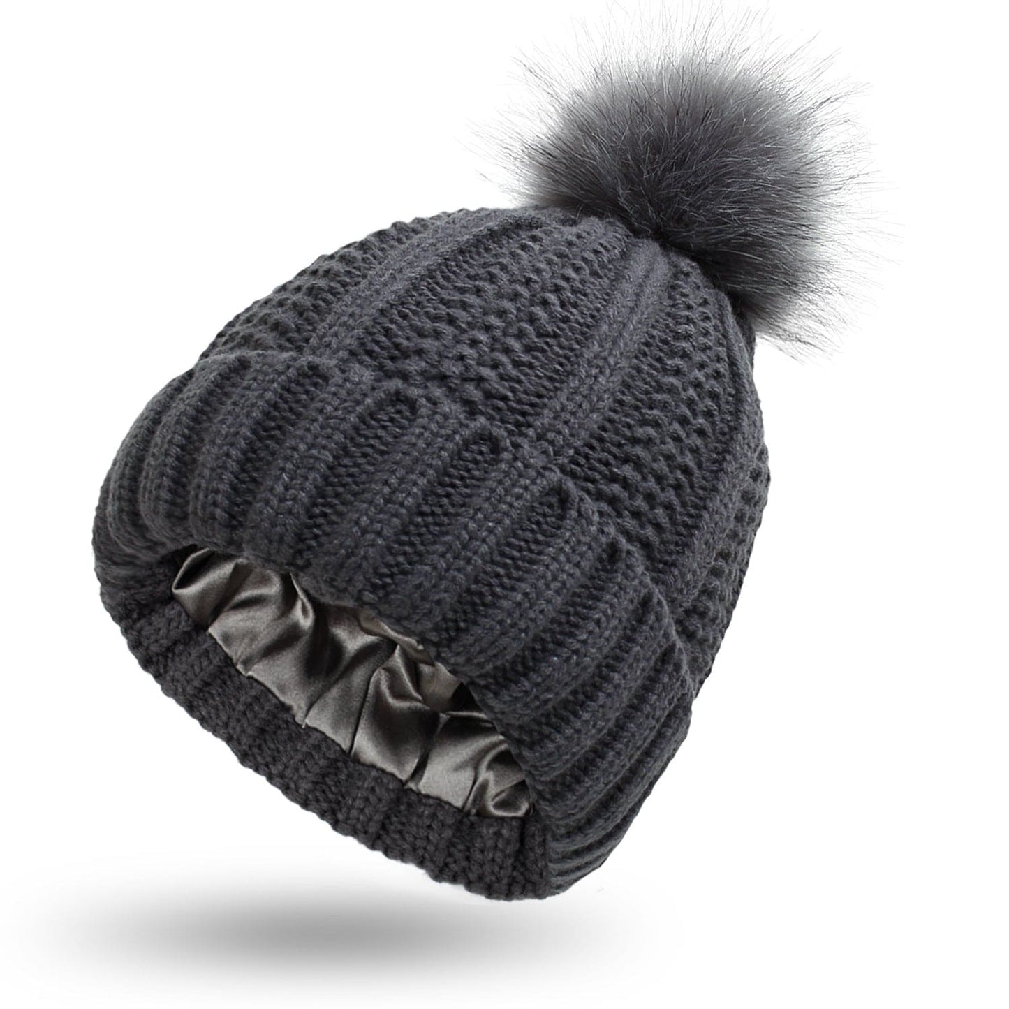 Satin-Lined Knit Beanie with Faux Fur Pom Pom