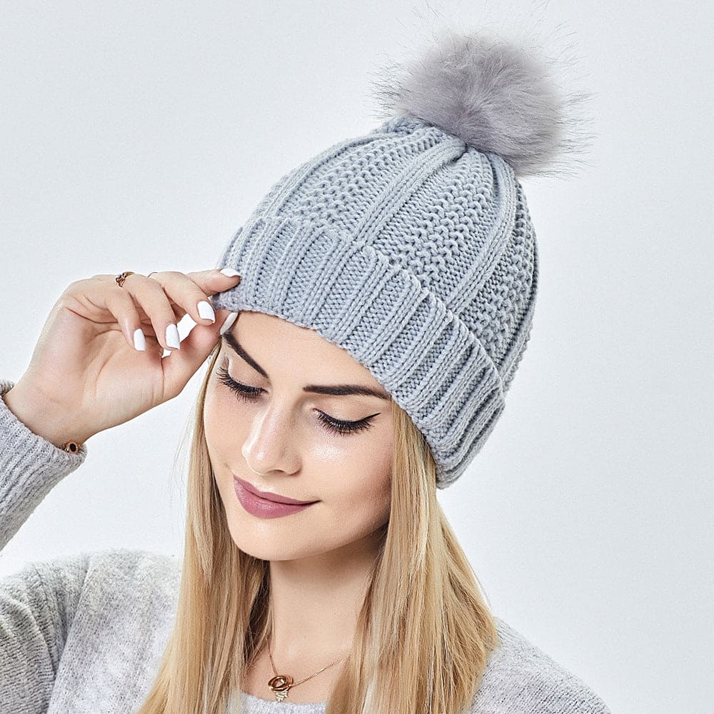 Satin-Lined Knit Beanie with Faux Fur Pom Pom