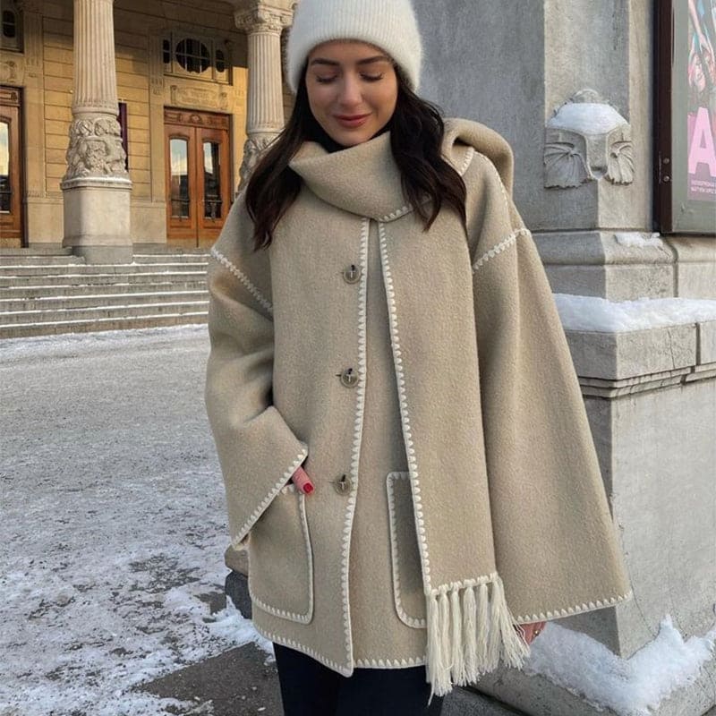 Women's Thickened Woolen Coat With Scarf Tassel