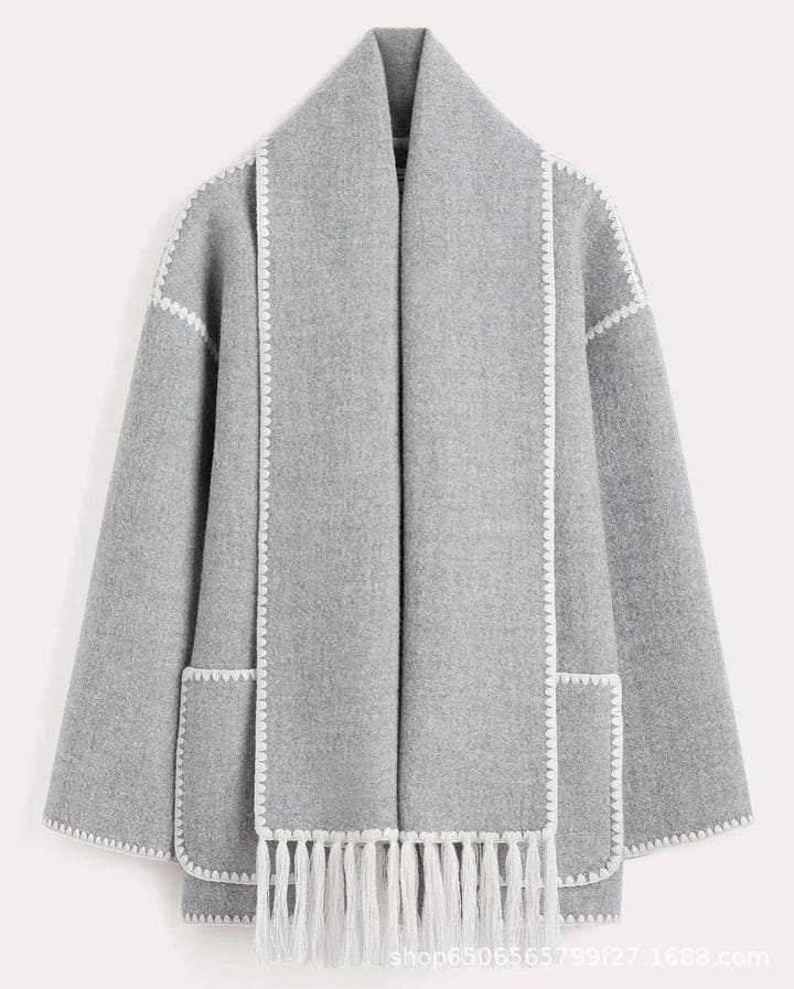 Women's Thickened Woolen Coat With Scarf Tassel