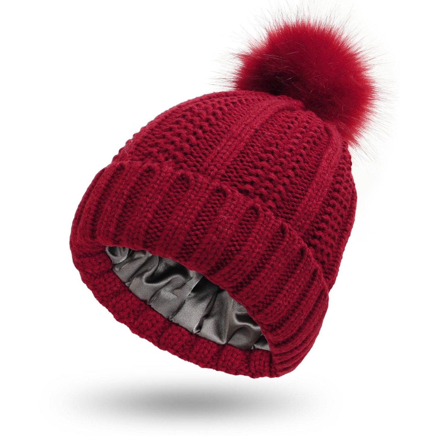 Satin-Lined Knit Beanie with Faux Fur Pom Pom