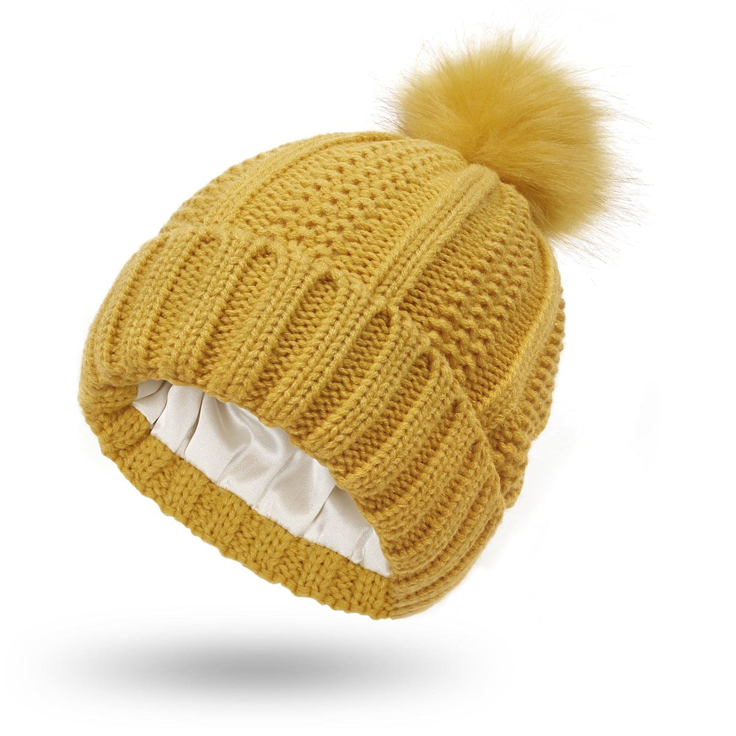 Satin-Lined Knit Beanie with Faux Fur Pom Pom