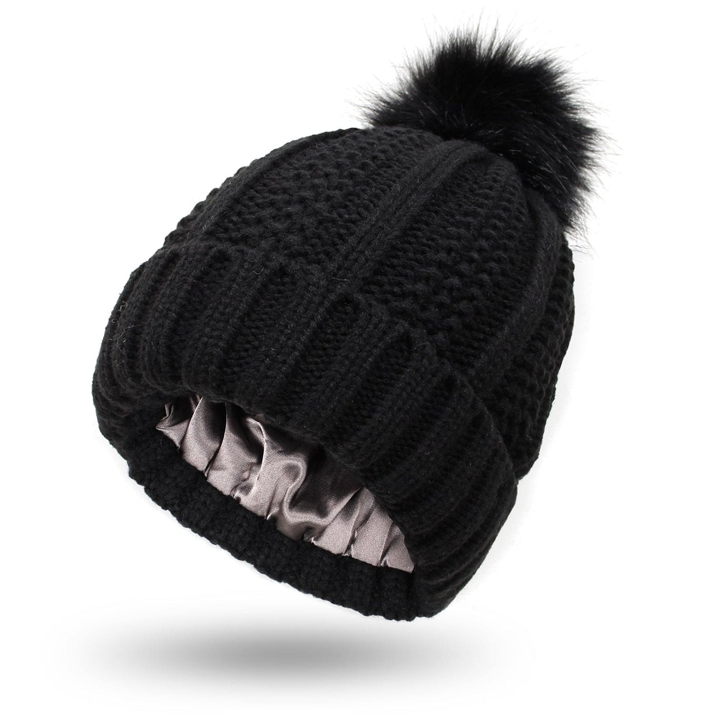 Satin-Lined Knit Beanie with Faux Fur Pom Pom