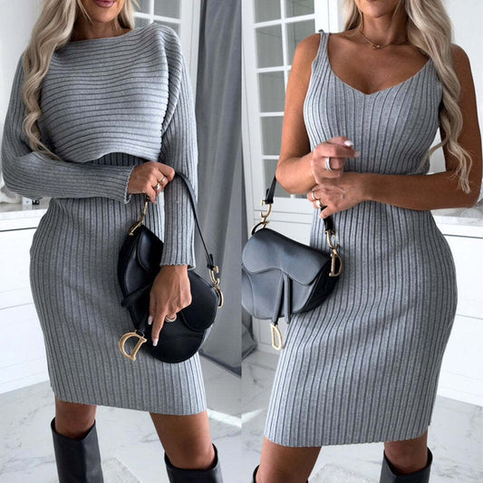 2pcs Suit Women's Solid Stripe Long-sleeved Top And Skirt