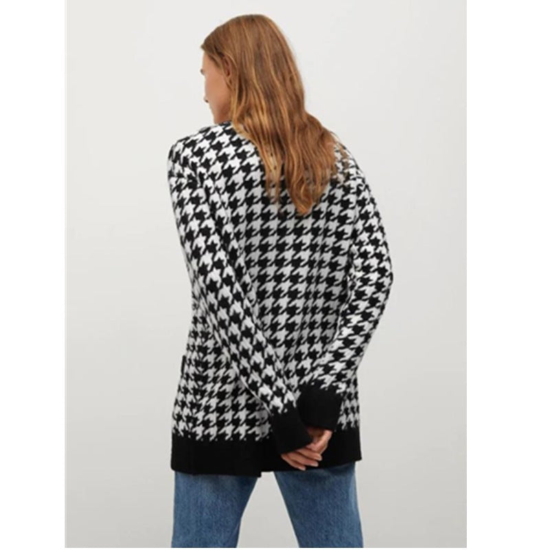 Checked Knit Pullover Loose Casual Cardigan - Nocturnal Nest