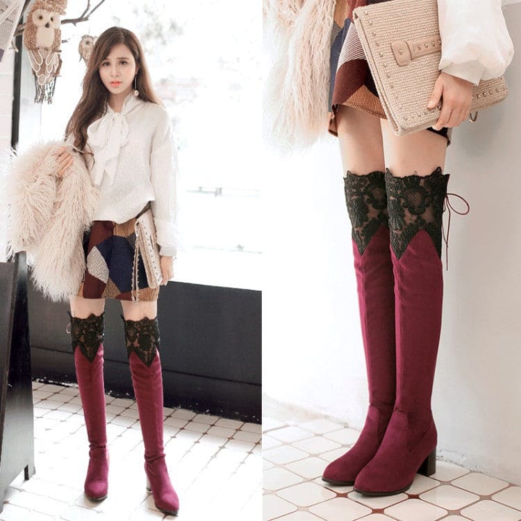 Knee High-heeled Boots with Hollow Lace - Nocturnal Nest