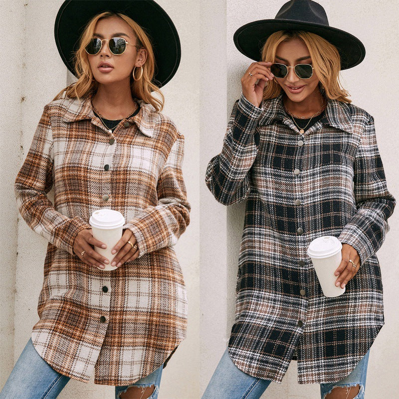 Women's Casual Plush Plaid Shirt Jacket - Nocturnal Nest