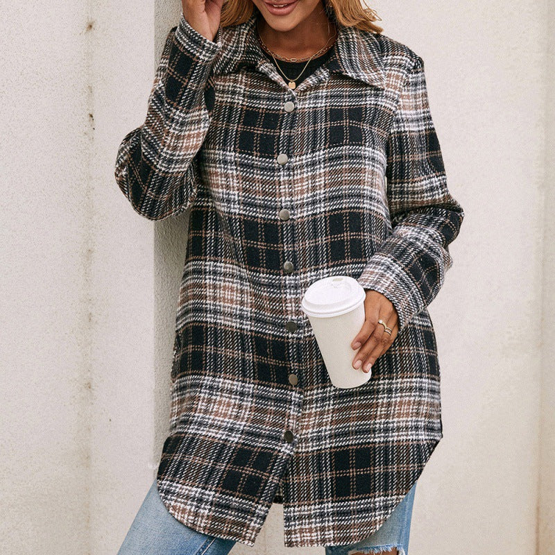 Women's Casual Plush Plaid Shirt Jacket - Nocturnal Nest